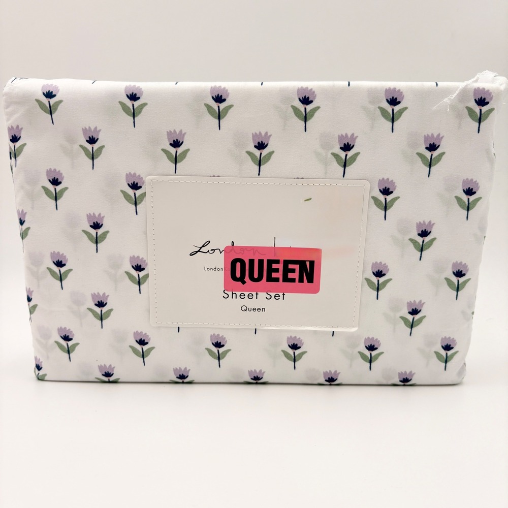 London‎ Kaye Queen Sheet Set White Purple Tulip Floral Print Microfiber 4 Piece